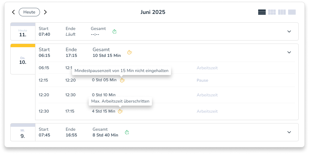 Personizer Rahmenbedingungen in der Zeiterfassung (Screenshot)